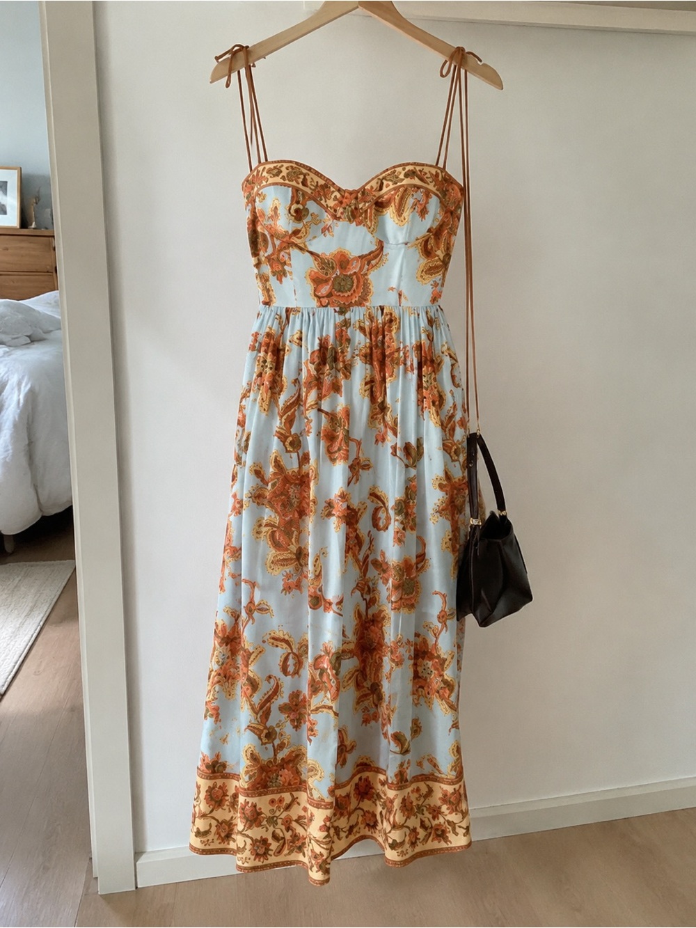 Zimmerli Pale Blue Midi Dress with Rust Floral Print and Tie Straps - Picture 4 of 4
